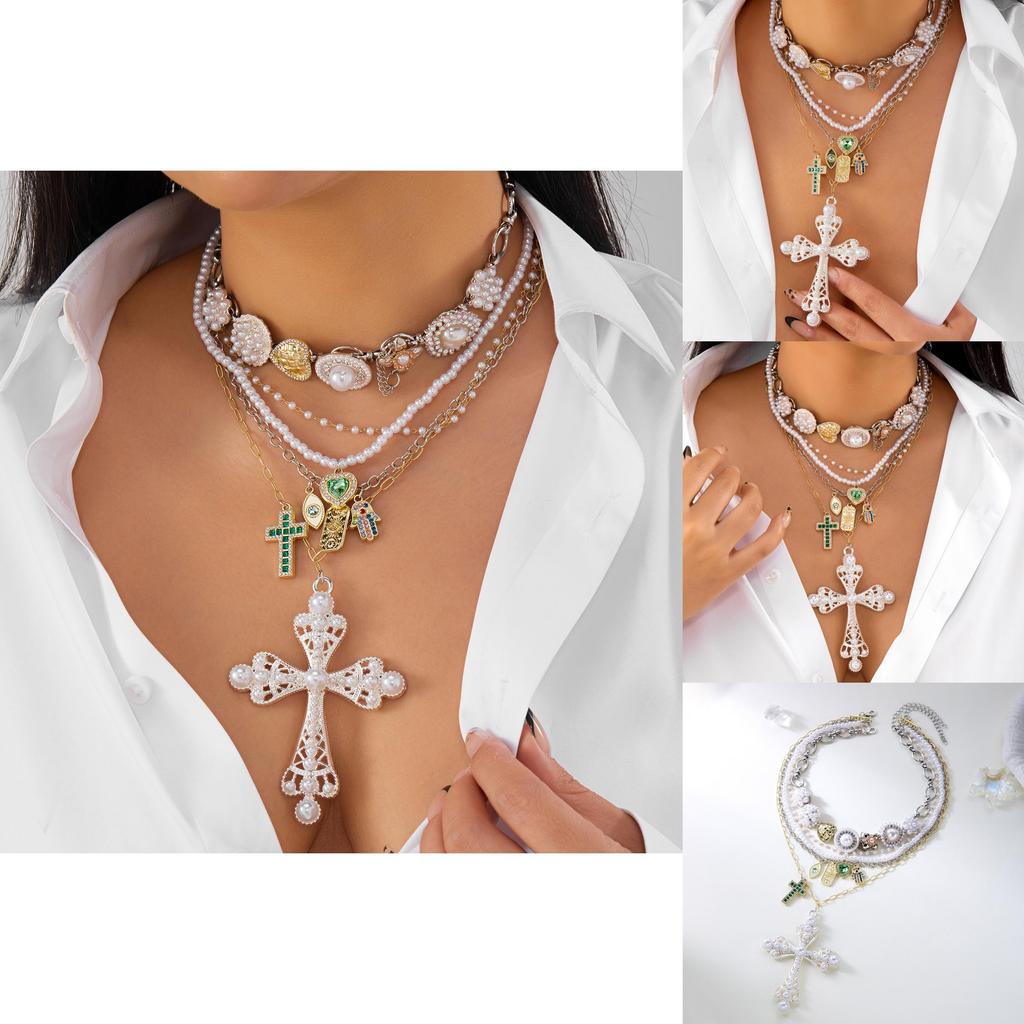 Style Layered Cross Pendant Necklace With Rhinestone Embellishments For Women