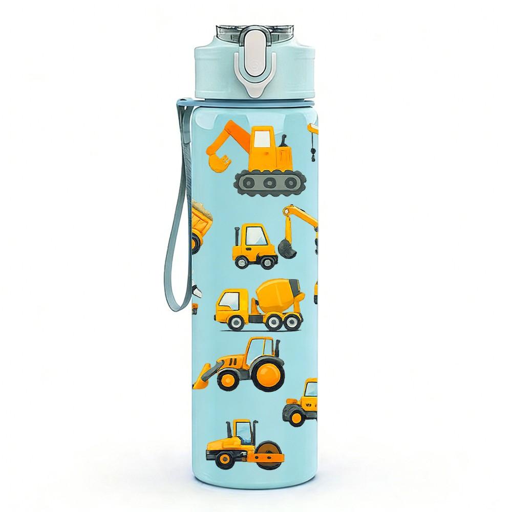 1PC Construction Truck Cartoon Print 750ml Color Plastic Sports Water Bottle Leakproof Flip Straw Lid Suitable for Sports Office Home Use