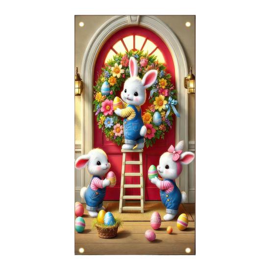 Ostern Türbanner Frühlingshase Karotte Eier Veranda Schild Große Haustür Wand Kulisse für Innen Außen Frühlingsfest Dekoration Fotokabine Requisiten
