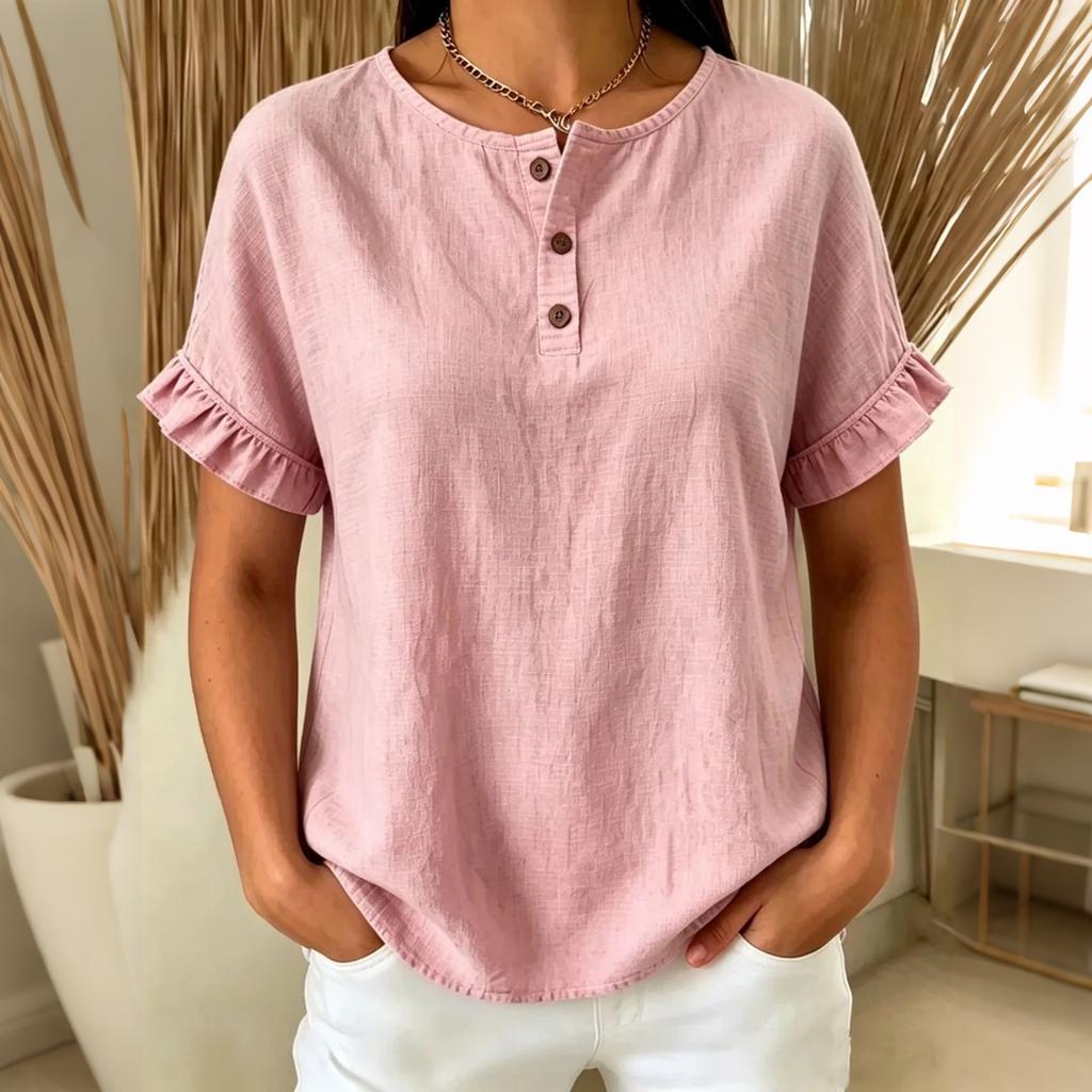 Women Loose Fit Short Sleeve Blouse Ruffle Trim Button Front Top Casual Lightweight Summer Shirt