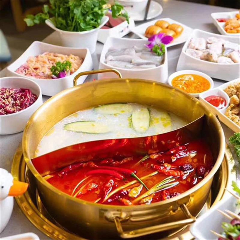 Kommerzieller goldfarbener Kupferimitattopf Universeller Suppentopf für Induktionsherd Edelstahl-Hotpot Hotpot Doppelgeschmack-Töpfe