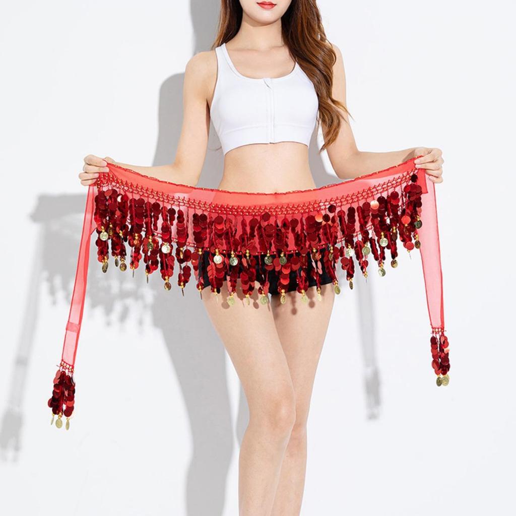 Belly Dance Color Sequin Film Gong Hip Scarf Skirt With Gold Coins For Women Belly Dancer Costume Chiffon