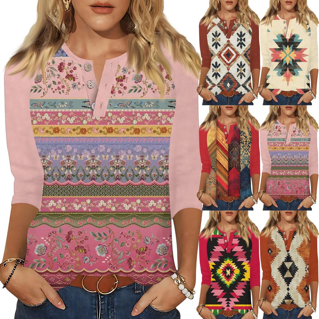 Women's Tops Three-quarter Sleeve V-neck Button Printed Imitation Cotton T-shirt