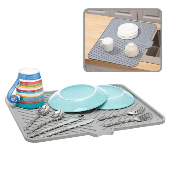 Silicone Drain Mat Quick-Drying Design Raised Ridges Bottom Slope Dish Drainer Kitchen Dining Room Sink Organizer Mat