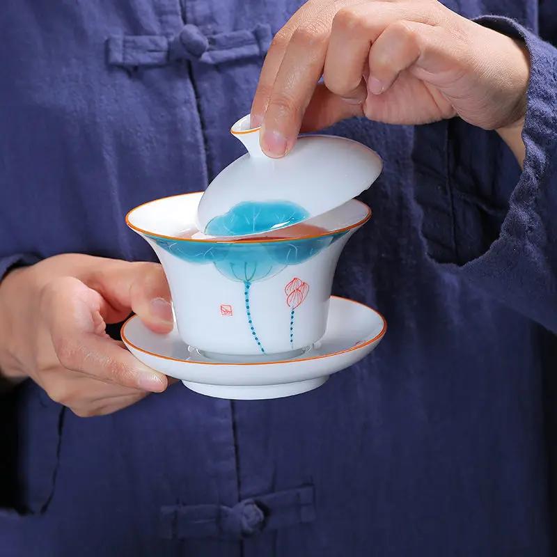 Jingdezhen-Porcelain Tea Set, Ceramic Teacups and Saucers, Handpainted Lotus, Travel, Easy Gaiwan, Porcelain Cup, Tableware