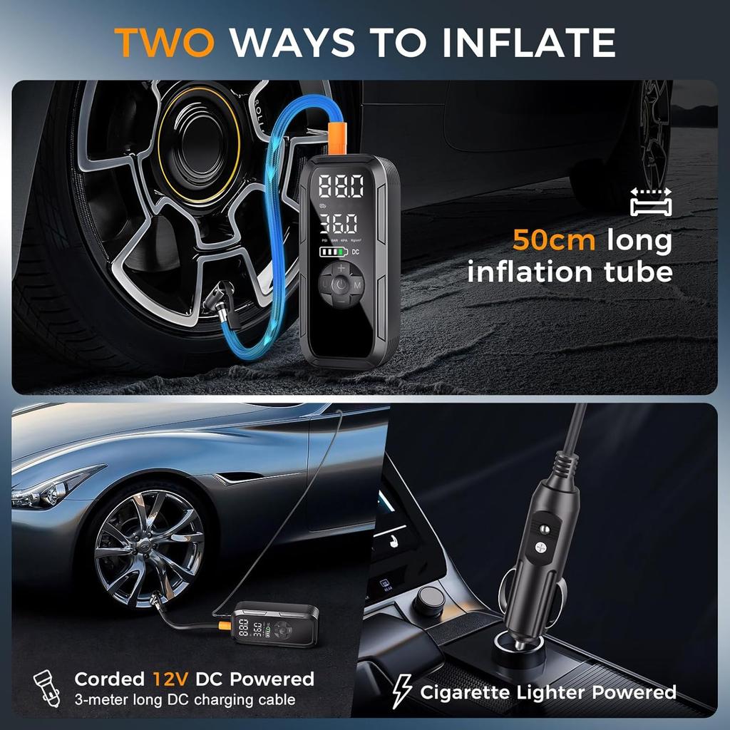Portable Tire Inflator 150PSI 12V DC Air Pump with Digital Gauge & LED Light for Car, Bike, Ball