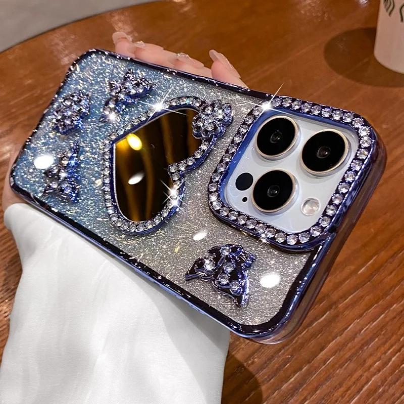 Hjerte Sminkespeil Deksel For iPhone 16 Pro Max 15 Plus Plating Sommerfugl Deksel For iPhone 14 Pro 13 12 11 Glitter Diamant Deksel