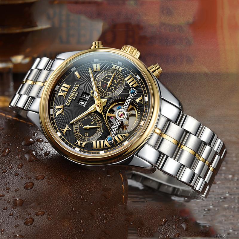 CARNIVAL Stainless Steel Automatic Mechanical Watch Mens Top Luxury Brand Tourbillon Sports Luminous Date Men Watches