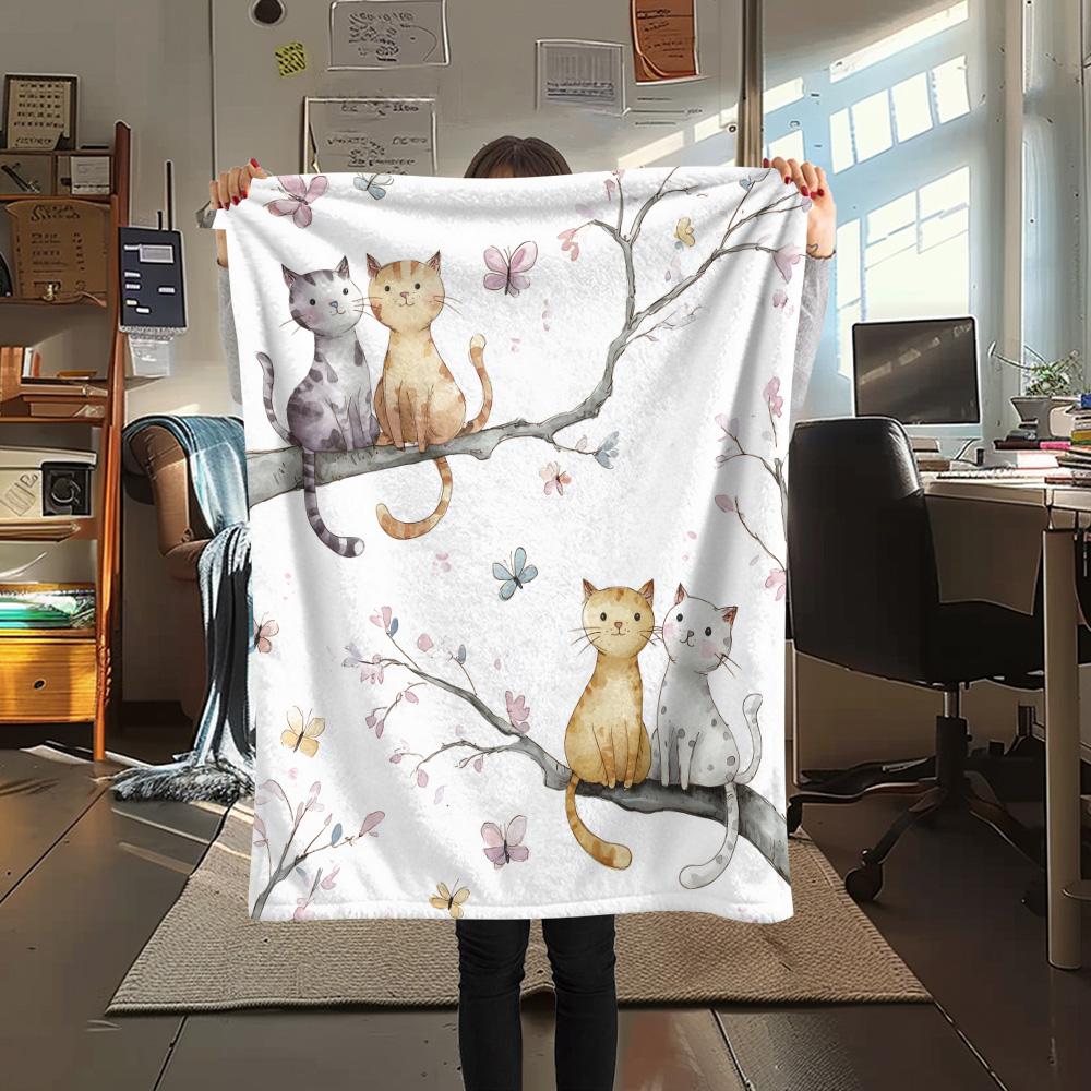Butterfly Cat on a Branch  Print Flannel Blanket, High quality Comfortable for All Seasons, Home Decor, Warmth and Comfort