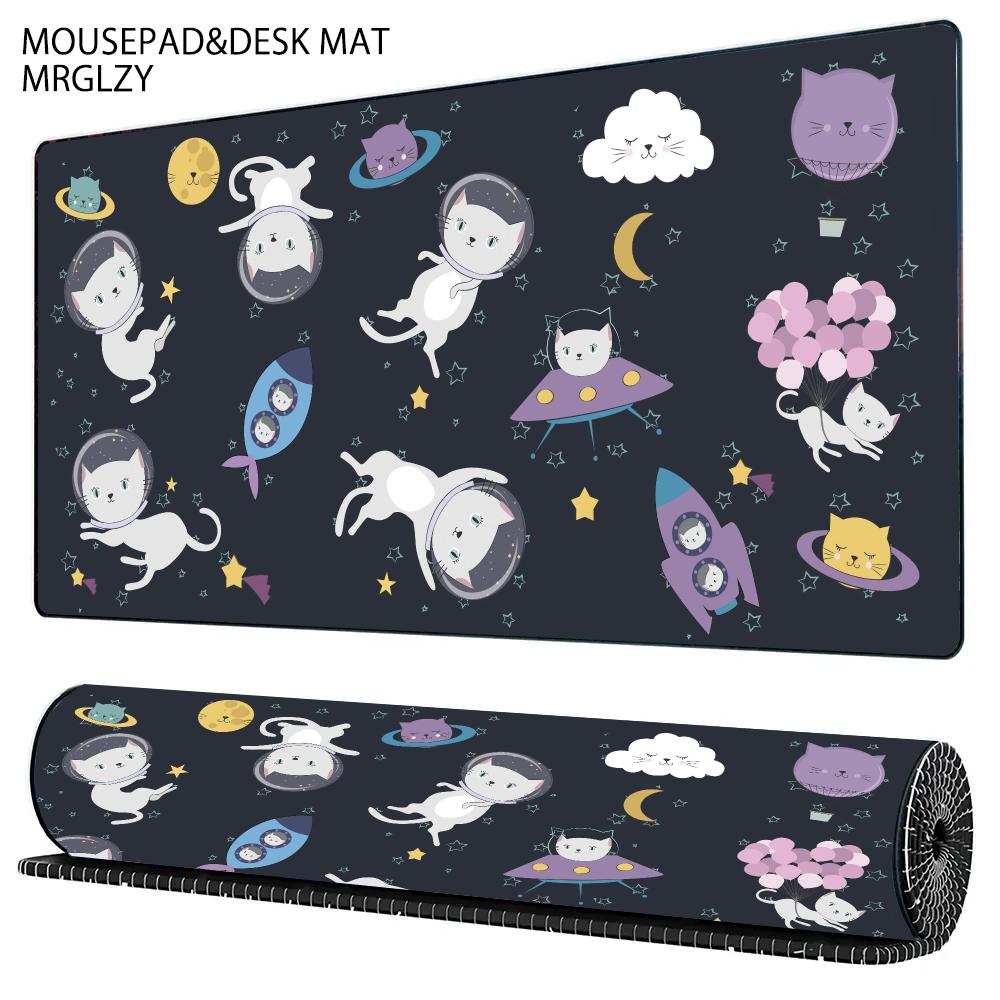 Kawaii Astronaut Cat Mouse Pad Cartoon Space Kitten Starry Sky Large Desk Mat Office Gaming Laptop Non-Slip Rubber Keyboard Pad