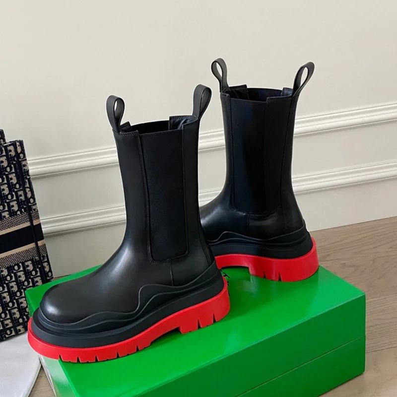 Fashion 2025 New Chelsea Boots Women/man Couple Models Platform Mid Boots Round Toe Slip On Rain Boots Leather Fashion Large Size Shoes
