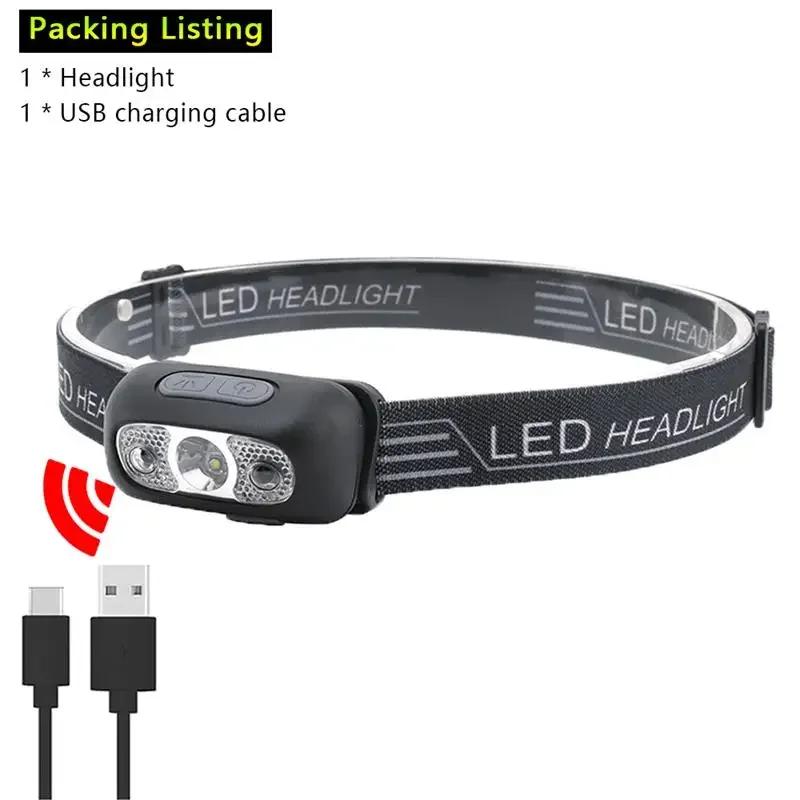 Rechargeable LED Headlamp Sensor Headlight With COB and LED Beads 6 Lighting Modes White and Red Light Fishing Light