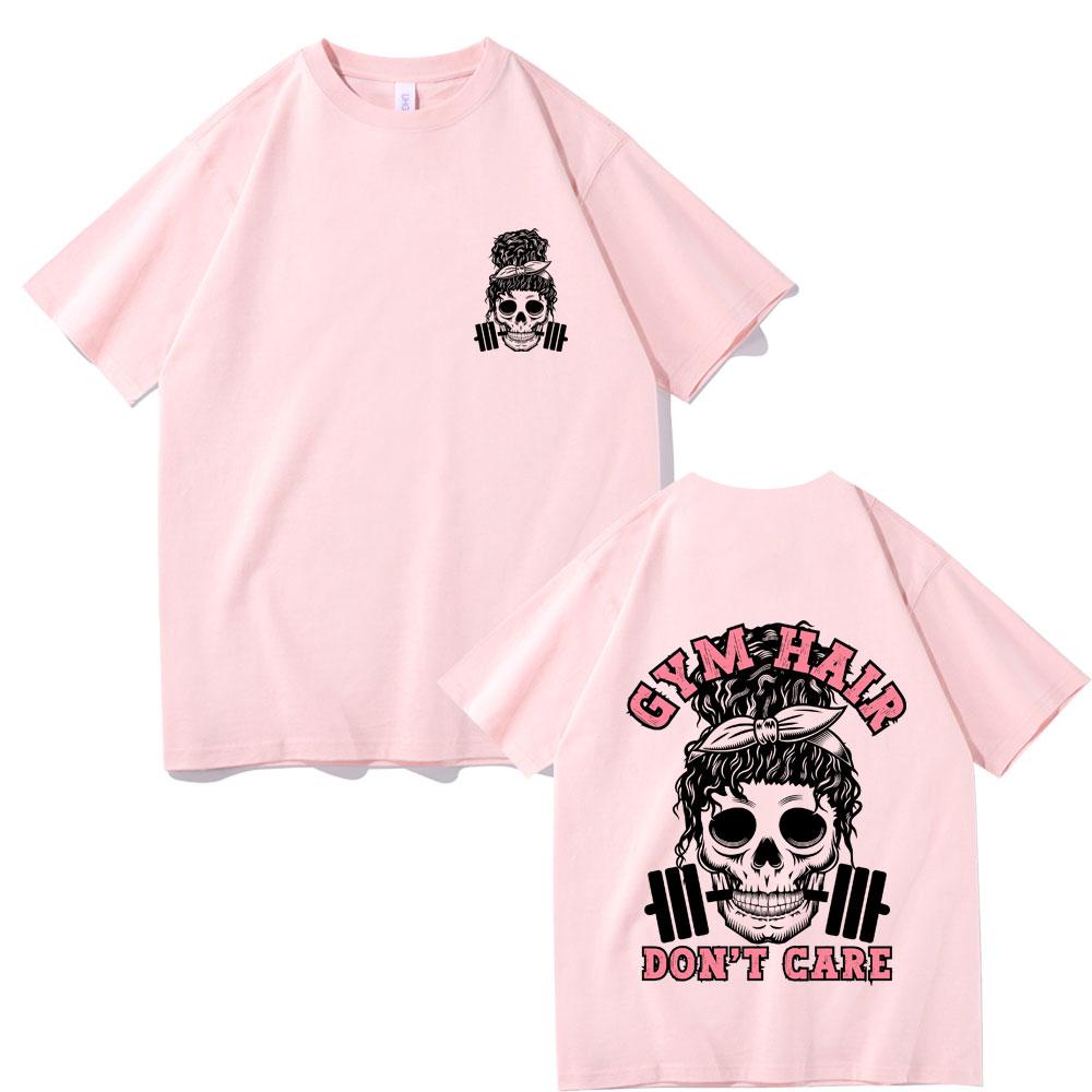 Gym Hair Dont Care Double Sided Graphic T Shirts Men Women Funny Skeleton Print Tshirt Men Women Fashion Oversized Streetwear