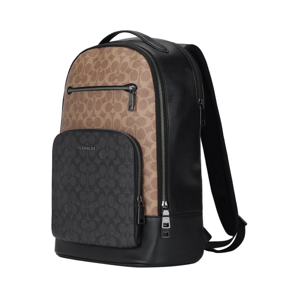 Coach Ethan 32 Color Block Design Metal Logo Zipper Closure Coated Canvas Leather Backpack Large Unisex Backpack Brown Charcoal CZ392-QBXAH