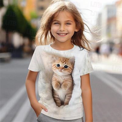Süße Katze 3D-Druck lustige Kinderkleidung Baby Mädchen T-Shirt Sommer lässig kurzärmelig cooles Mädchen T-Shirt leicht atmungsaktiv