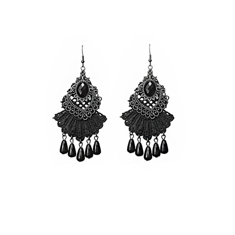 Schwarze Spitze-Pfau-Ohrringe für Frauen, rote Kristallquaste, Tropfenohrring, ethnischer Boho-Schmuck, Festival-Party-Accessoires, weibliches Geschenk