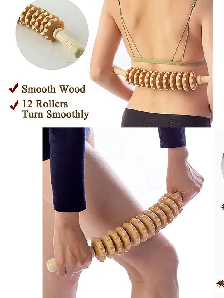 Body Fascia Massager Anti-slip Handle Wood Grooved Gear Arms Legs Thighs Buttocks Smooth Roller Massager for Back Relaxation