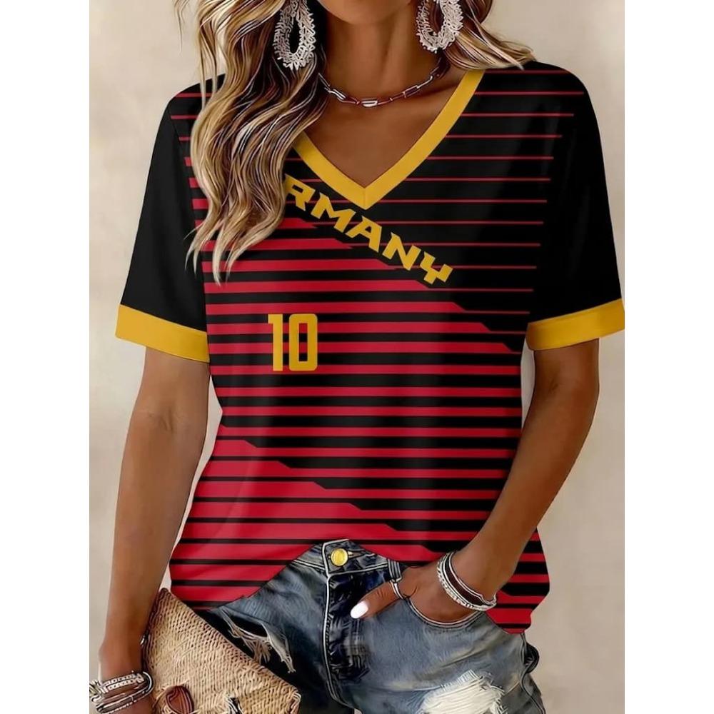 2026 Niemcy Piłka Nożna T-shirt z Dekoltem V Czarny Czerwony Żółty Niemiecka Flaga Rękaw Casualowy Sportowy Krótki Rękaw Koszulki Dopasowanie Rodzinne