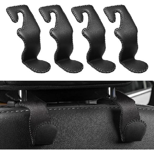 4 Pack Superior Leather Car Seat Headrest Hooks With 44 Pounds Load Capacity, Hangers Storage Organizer Universal Car Interior Accessories For