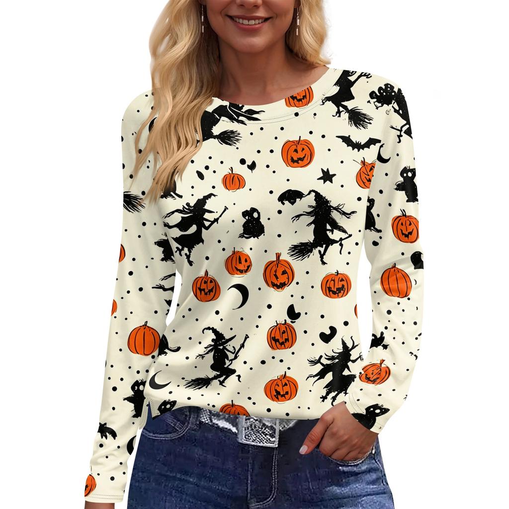 Women's Fashion Long Sleeve Neck Top with Hem Slit Halloween Print for Party