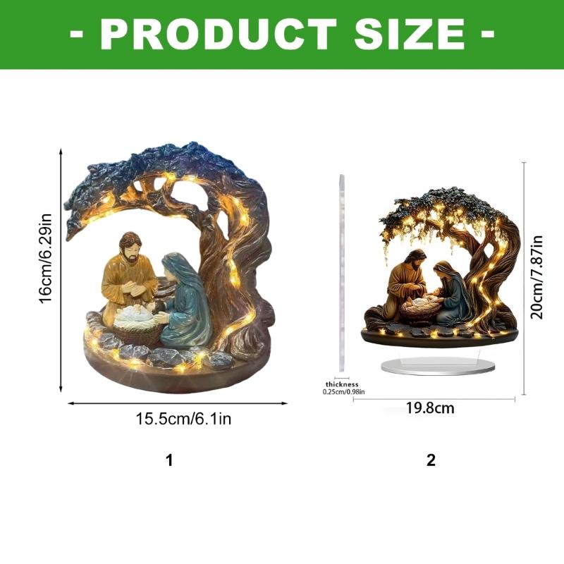 Sacred Nativity Scene Under Tree Resin Sculpture Decoration with LED Lighted for Christmas Home Tabletop Decors Ornament