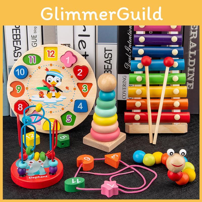 Wooden Baby Clock Caterpillar Small Round Bead Rainbow Tower Toy For Early Learning