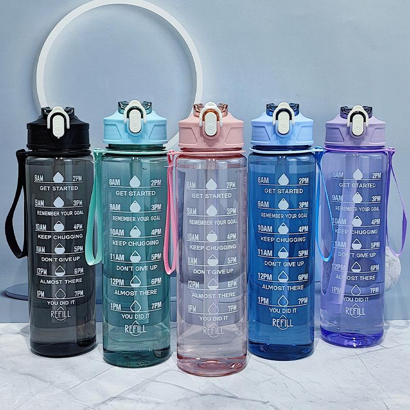 900Ml Sports Bottle With Time Scale Outdoor Gradient Solid Color Sports Bottle Portable Fitness Motivational Straw Mug Bpa Free