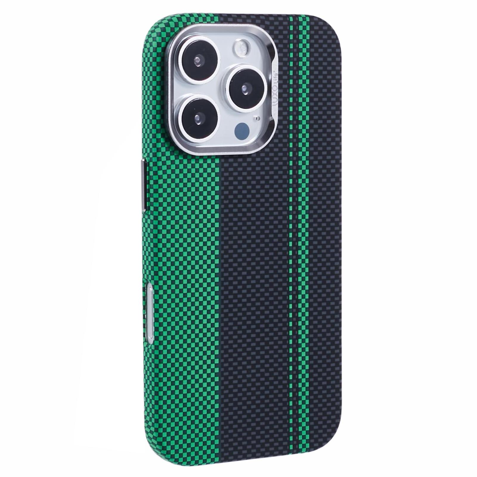 

Чохол для iPhone 16 Pro, сумісний із накладкою MagSafe Carbon Fiber Texture Water-Transfer PC Phone Cover Green Black Stripes