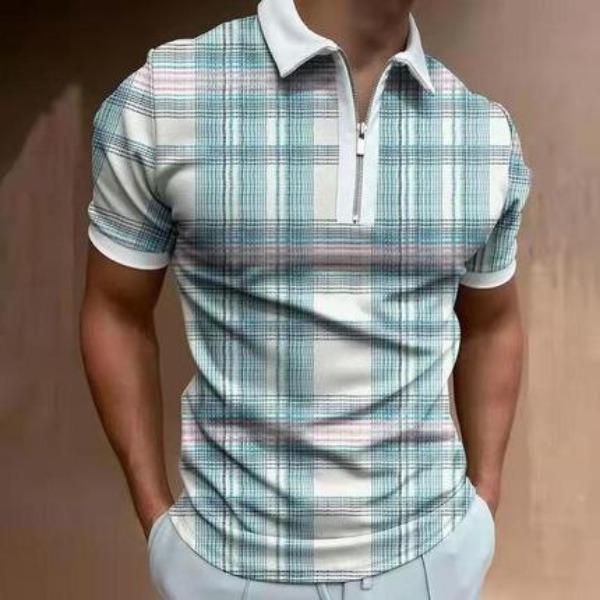 Men'S Hot Sale Men'S 3D Printed Zipper Short Sleeve Solid Color Polo Top T-Shirt