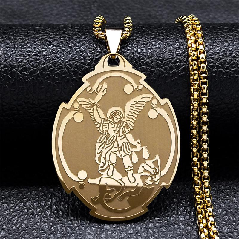 Archangel St.Michael Medal Necklace Stainless Steel Guardian Bible Angel Saint Michael Pray for Us Necklace Jewelry collar N8451