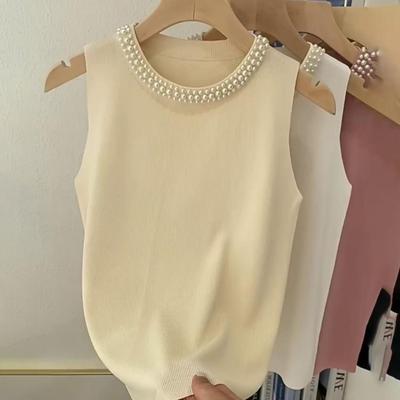 Damen Strickweste, Rundhalsausschnitt, Ärmellos, Kunstperlen-Dekor, Tanktops, Slim Fit, Monochrom, Dehnbar