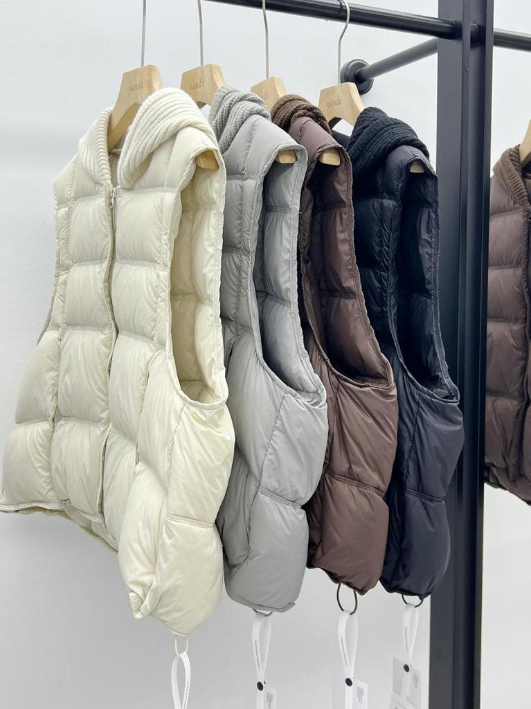 Europäischer Mode Patchwork Strick Kapuzen Daunenweste für Damen - 2026 Herbst/Winter Trendige Lockere Puffer Weste Jacke