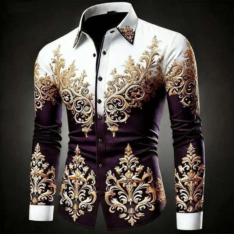 Men's Plus Size Hawaiian Shirt Long Sleeved Button Up Retro Floral 3D Print Gold Exquisite Pattern Fashionable 12 Colors Availab