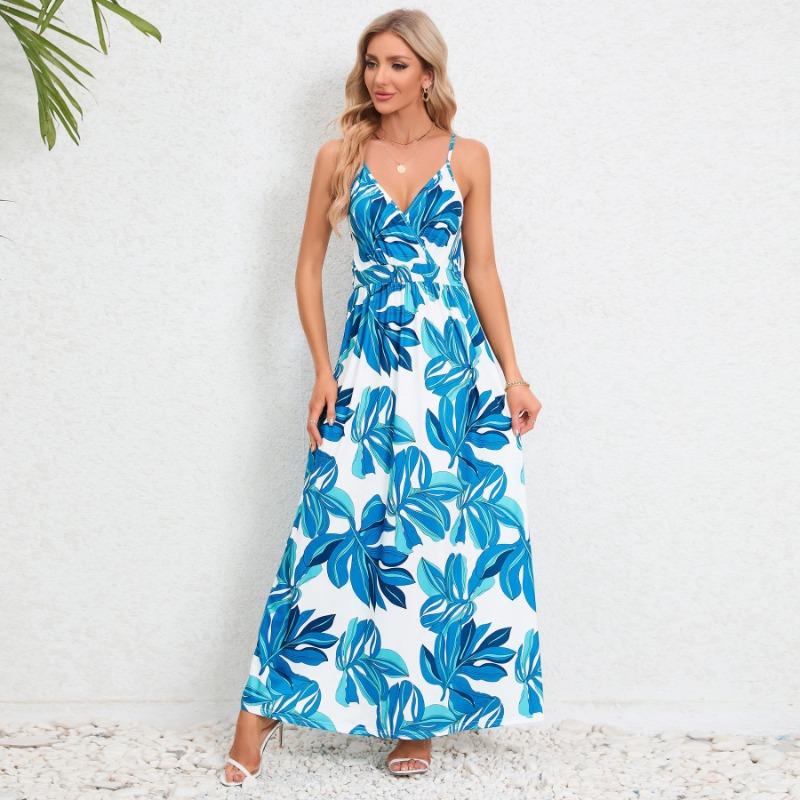 Abiti casual a vita alta con scollo a V senza maniche con stampa floreale primaverile alla moda da donna