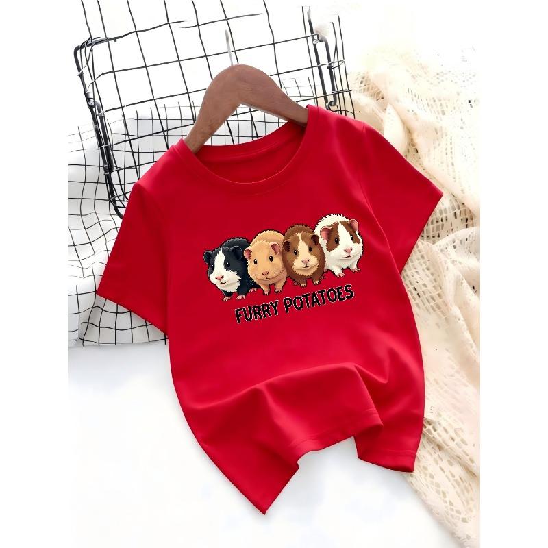 Children Crew Neck Short Sleeve T-Shirt with Cartoon Guinea Pig Print