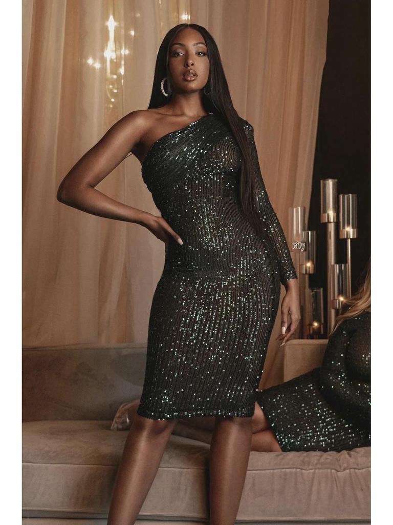 2025 European & American One-Shoulder Sequin Evening Dress with Oblique Collar