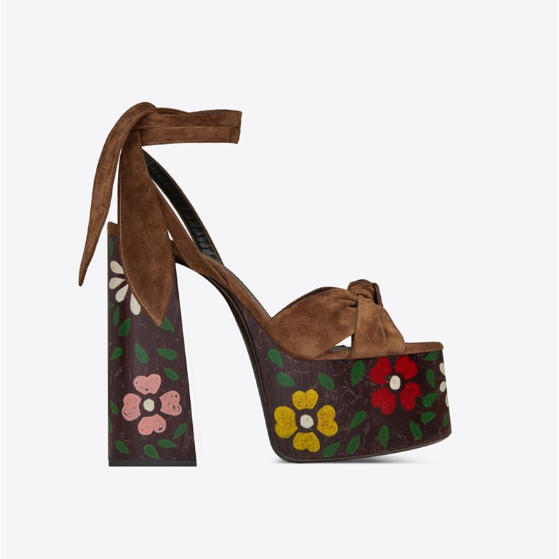 Nya Tryck Dam Sandaler Hög Platå Klumpiga Klackar Skor Sommar Peep Toe Ankelrem Höga Klackar Festskor Sandalia