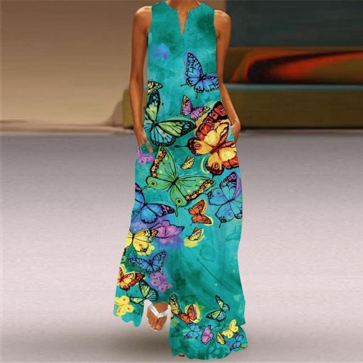Summer Sleeveless V Neck Maxi Dress Women Digital Print Pocket European American Style Sizes S To 5XL