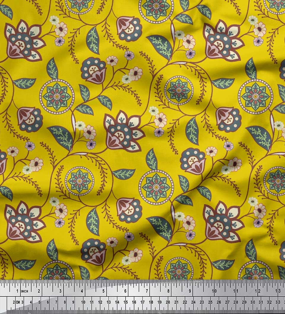 

Тканина для рукоділля Soimoi Japan Crepe Satin Leaves & Floral Artistic Printed на метри 42 дюйми 42 Inch Wide - Poly Crepe жовтий