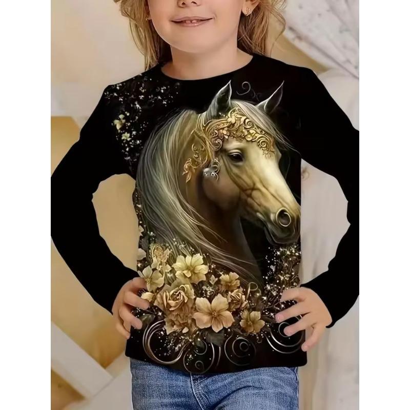 Girl Clothes Fashion Horse 3D Print Kids Long Sleeves T-Shirt Loose Casual Autumn Tops Outdoor Comfortable Children's Clothing