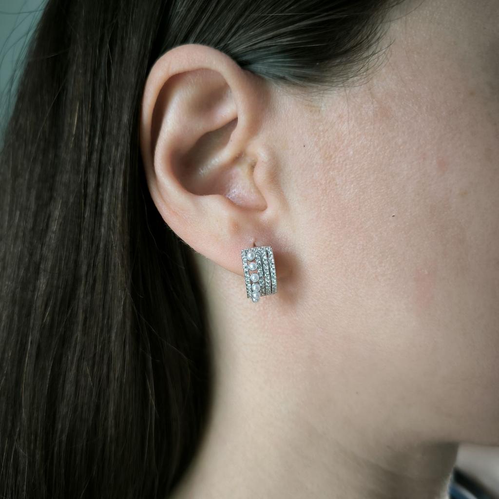 Серебряные серьги с натуральным жемчугом, фианитами (2185758)