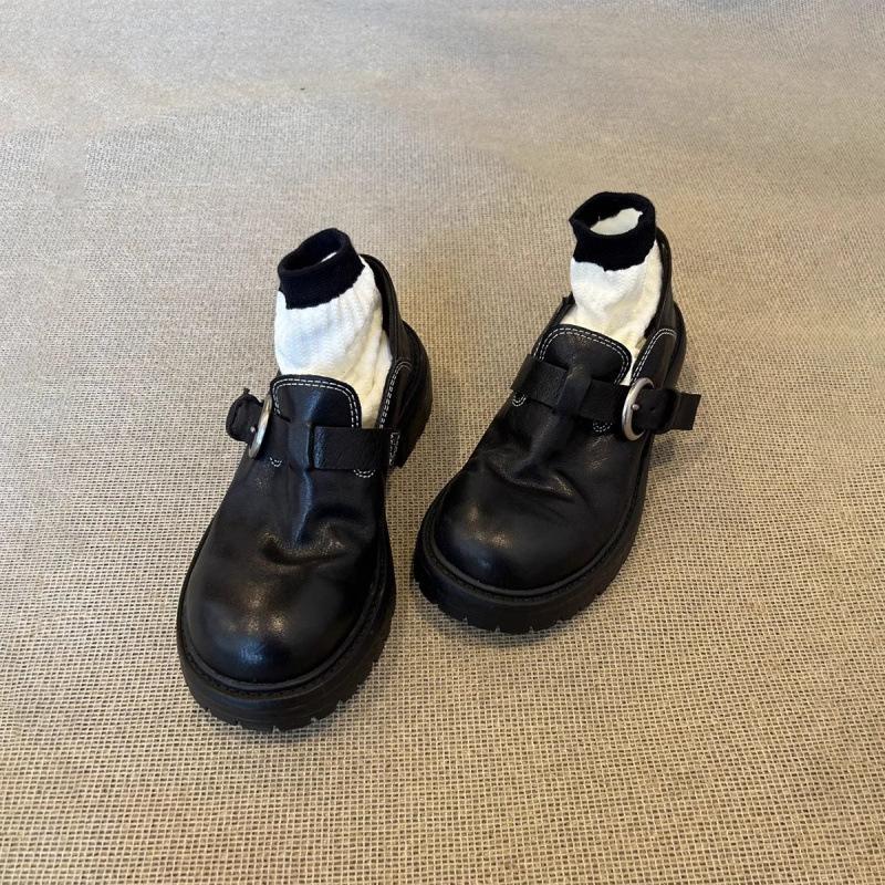 Cowhide Version~ British Style Retro Leather Single Shoes Belt Buckle Muffin Bottom Loafers Women's Thick-soled Thick-heeled Small Leather Shoes