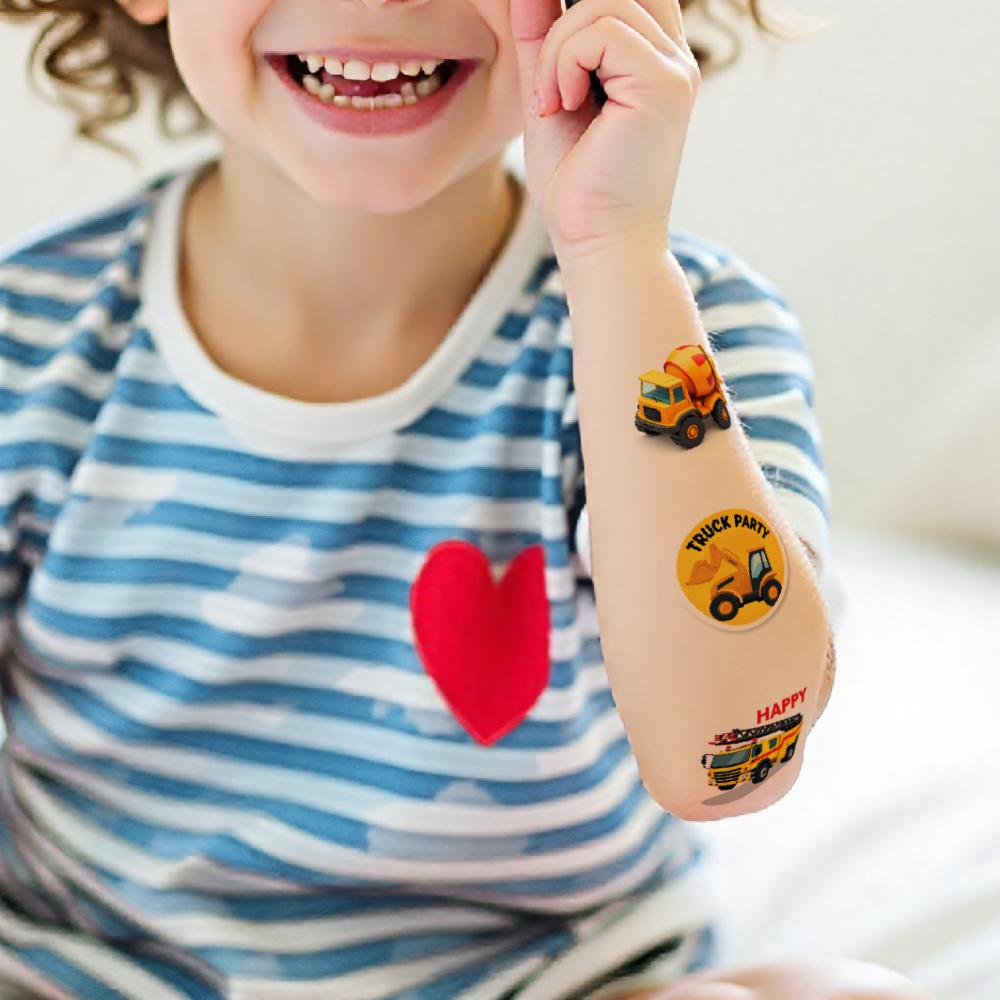 63pcs Temporary Tattoo Construction Vehicles Temporary Tattoo Stickers Warning Signs Cartoon For Cheeks Women Shoulders
