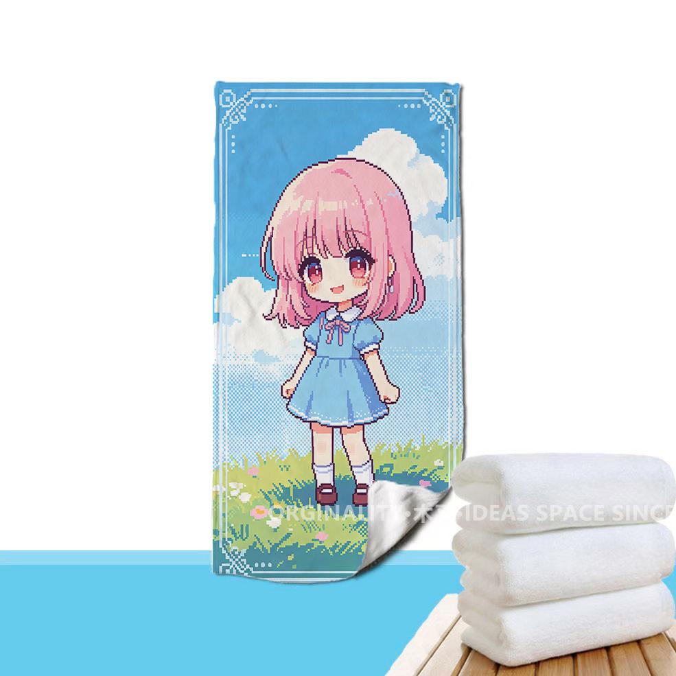 Pixel Chibi Girl Beach Towel Patterned Sunscreen And Windproof Suitable For Swimming Pool Camping Travel Blanket