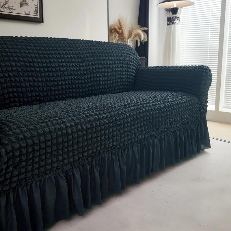 Solid Color Seersucker Sofa Cover with Skirt, Full Coverage, Non-Slip, Dustproof, Stretch Sofa Slipcover for Couch with Armrests