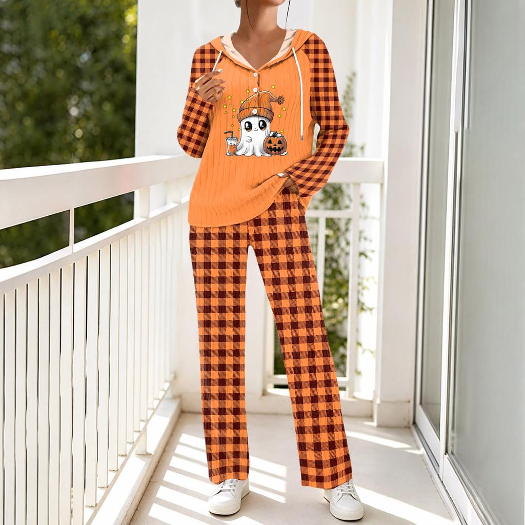 Women's Casual Loose Fit Hooded Long Sleeve V-Neck Pajama Set with Pockets, Halloween Print Loungewear Sleepwear Set