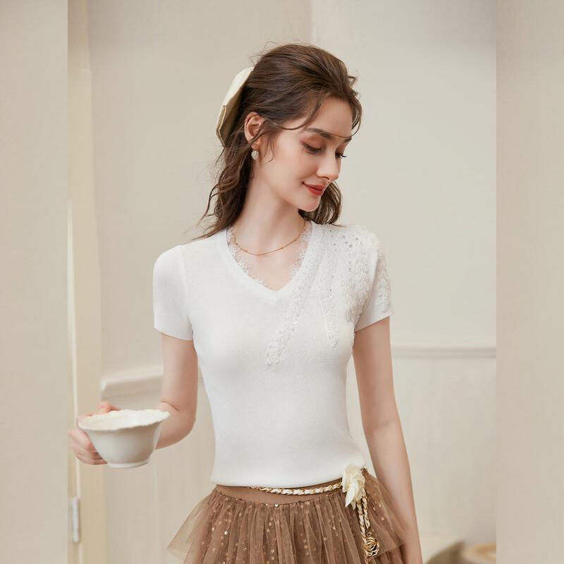 Women's V-Neck Lace & Sequin Knit Top