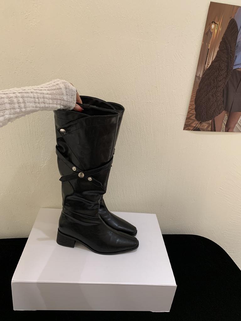 French thick heel suede piled boots women's shoes 2025 new spring and autumn winter belt buckle thin long boots