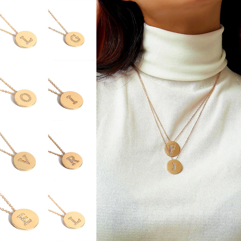 Semplice Collana Rotonda con Zirconi Catena per Maglione Donna, Collana con Ciondolo Personalizzato 26 Lettere Micro-Intarsiato