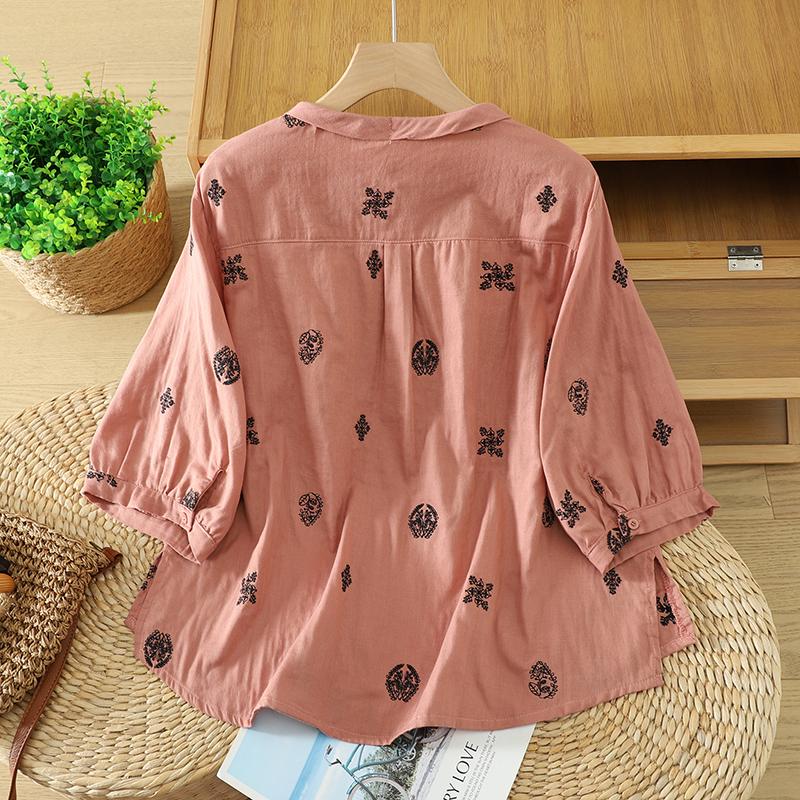 DIMANAF 2026 Plus Size Women Blouse Shirts Tunic Summer Oversize Loose Casual Cotton Linen Lady Tops Embroidery Floral